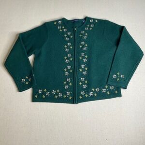 Karen Scott 100% Wool Green Floral Embroidered Zip-Front Cardigan Large